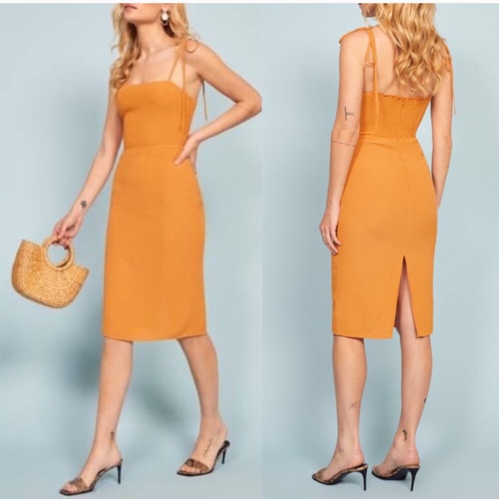 Reformation Mustard Yellow Midi Dress with Tie Straps size 8 NWT